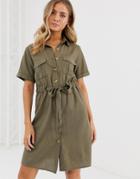 Qed London Button Through Shirt Dress With Tie Belt-green