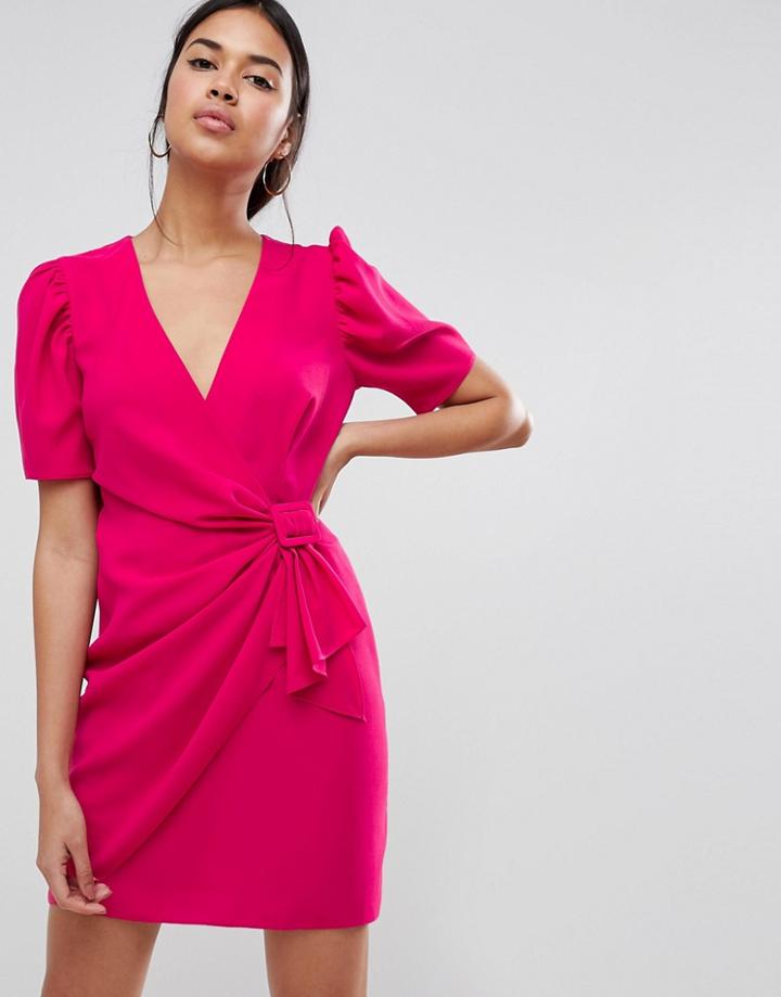 Asos Puff Sleeve Mini Dress With Side Belt - Pink