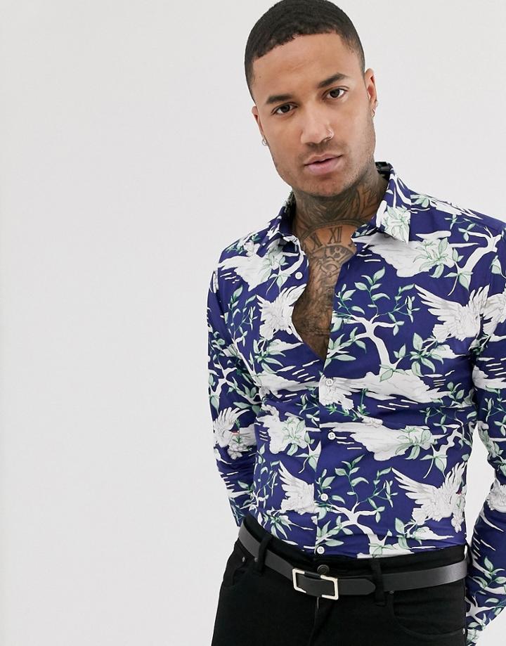 Devils Advocate Slim Fit Crane Print Long Sleeve Shirt