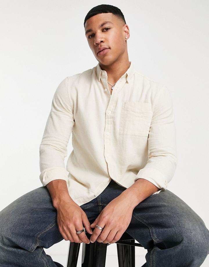 River Island Slim Seersucker Revere Shirt In Stone-white