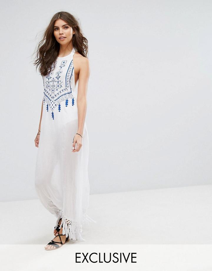 Akasa Embroidered Tie Back Tassel Maxi Beach Dress - White