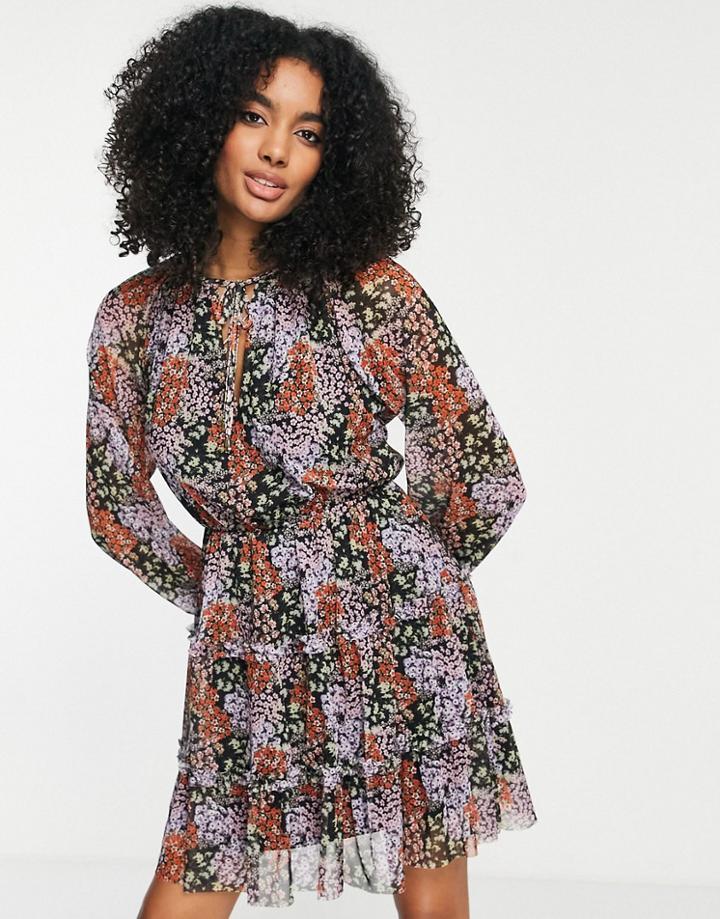 River Island Floral Tiered Mini Dress In Black