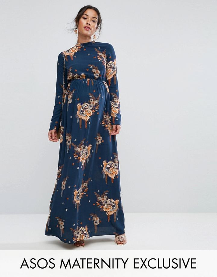 Asos Maternity Maxi Dress With Long Sleeve In Chinoiserie Print - Multi