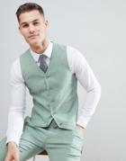 Asos Design Wedding Super Skinny Suit Vest In Sage Green Linen - Green