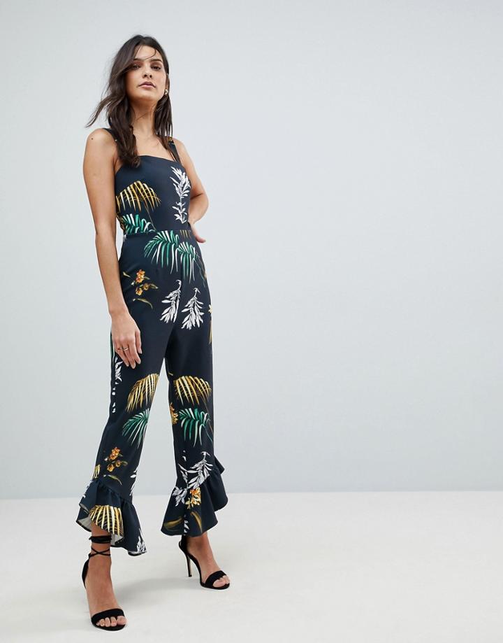Asos Square Neck Jumpsuit With Frill Hem In Flamenco Print - Multi