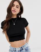 Asos Design Slim Crop T-shirt With High Neck With Lettuce Hem In Black - Black