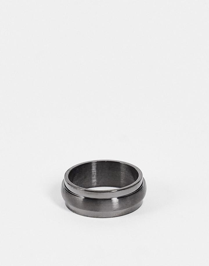 Asos Design Stainless Steel Band Ring With Beveled Edge In Gunmetal-silver