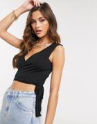 Flounce London Basic Wrap Crop Top With Tie Detail In Black