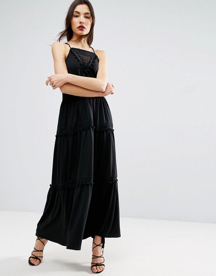 Asos Maxi Dress With Lace Inserts & Pom Poms - Black