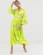 Liquorish Kimono Midi Dress In Yellow Floral Print