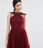 Little Mistress Petite Floral Lace Applique Mini Skater Dress With Mesh Detail - Red