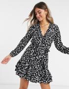 Influence Wrap Dress In Monochrome Polka Dot-black