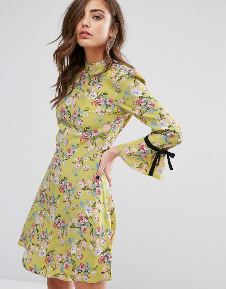 Miss Selfridge High Neck Tie Sleeve Floral Tea Dress - Green