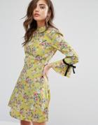 Miss Selfridge High Neck Tie Sleeve Floral Tea Dress - Green