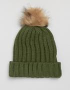 7x Cable Hat With Faux Fur Bobble In Khaki - Green