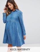Asos Maternity Denim Smock Shirt Dress In Midwash Blue - Blue