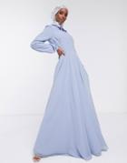 Asos Design Maxi Dress With Embellished Neckline And Long Sleeve In Pale Blue-blues