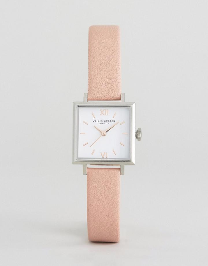 Olivia Burton Silver & Pink Leather Midi Square Face Watch - Pink
