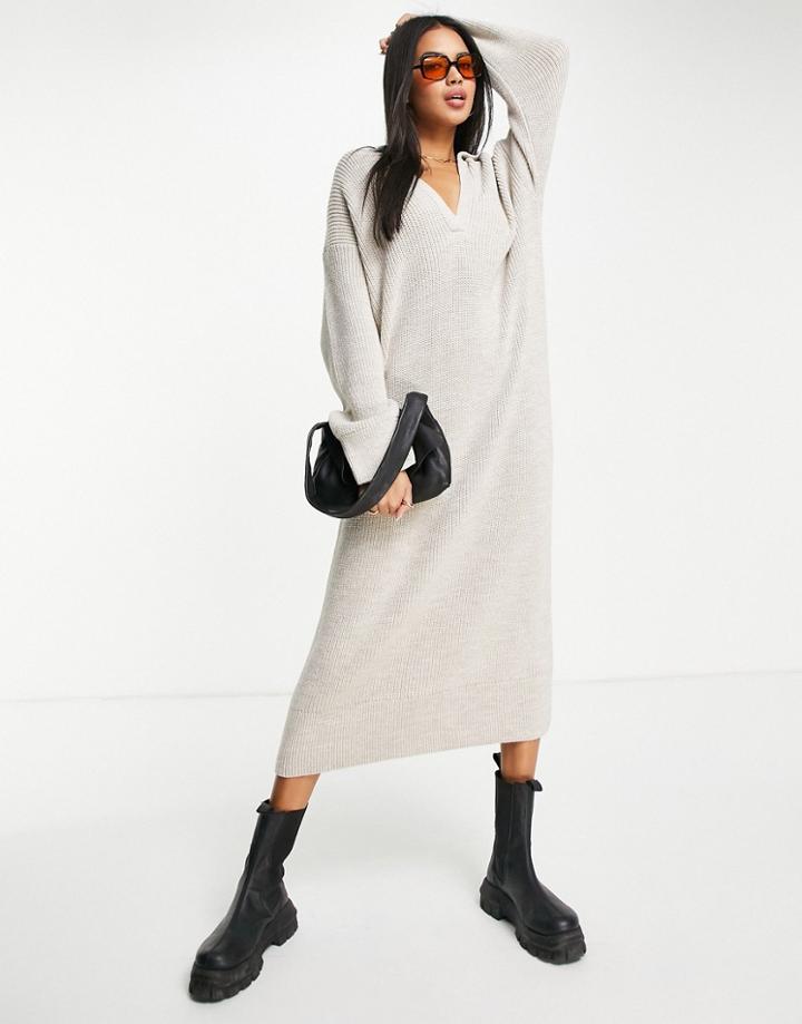 Topshop Knitted Collar Midi Dress In Oat-neutral