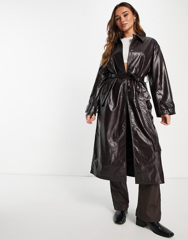 Asos Design Crinkle Faux Leather Trench Coat In Oxblood-red