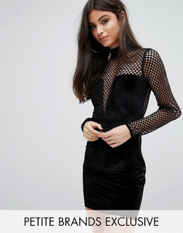 Naanaa Petite High Neck Velvet Grid Mesh Mini Dress - Black