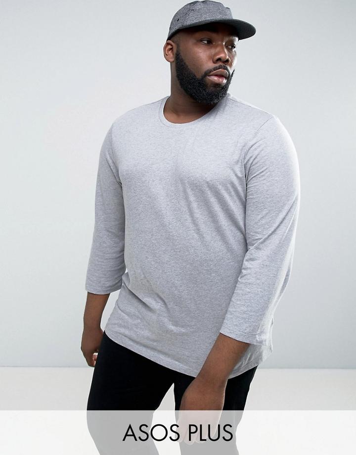 Asos Plus T-shirt With 3/4 Length Sleeves In Gray - Gray