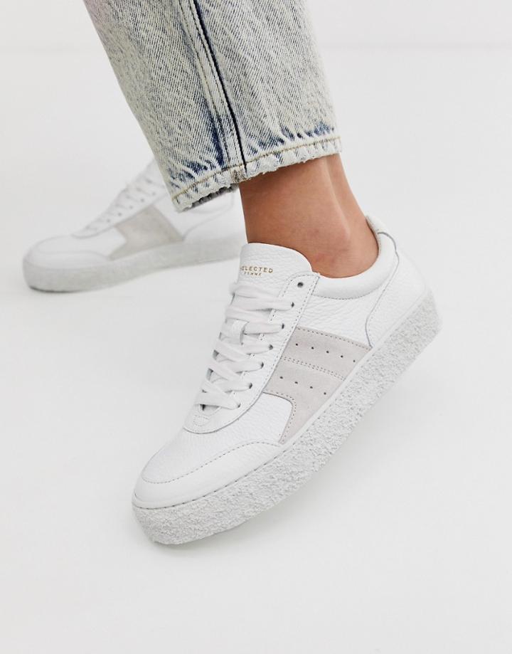 Selected Femme Leather Sneaker With Suede - White