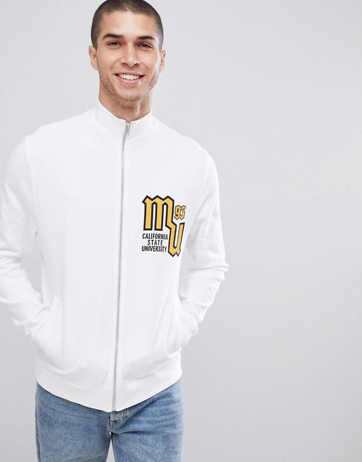 Asos Design Track Jacket With Colliegiate Chest Print - White