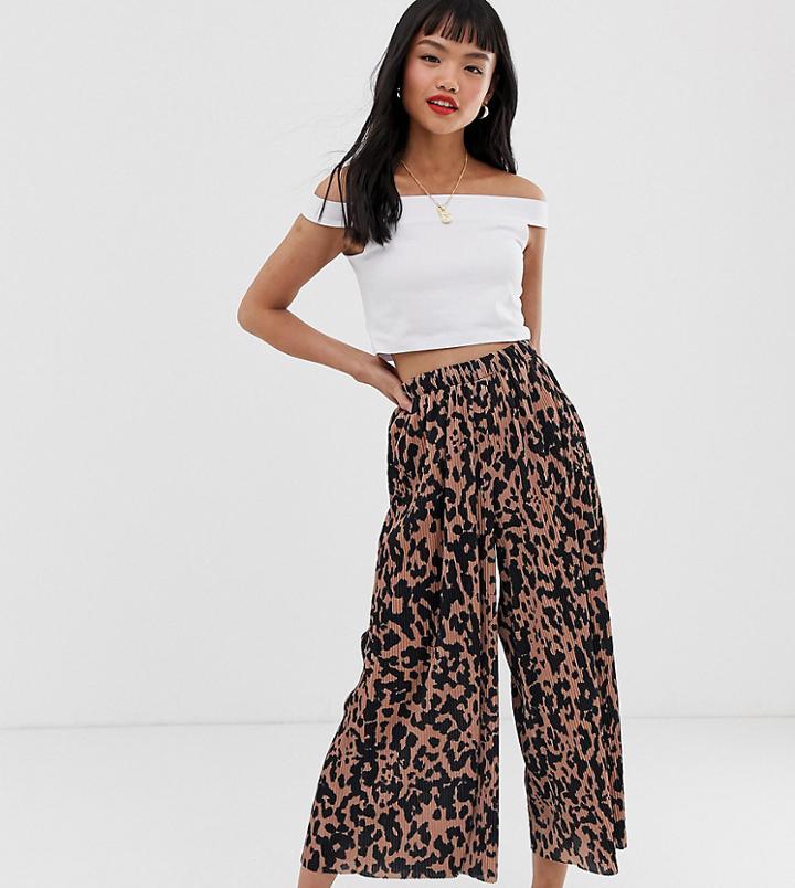 Asos Design Petite Plisse Culotte Pants In Animal Print - Multi