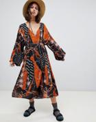 Weekday V Neck Midaxi Smock Dress In Mixed Print - Multi