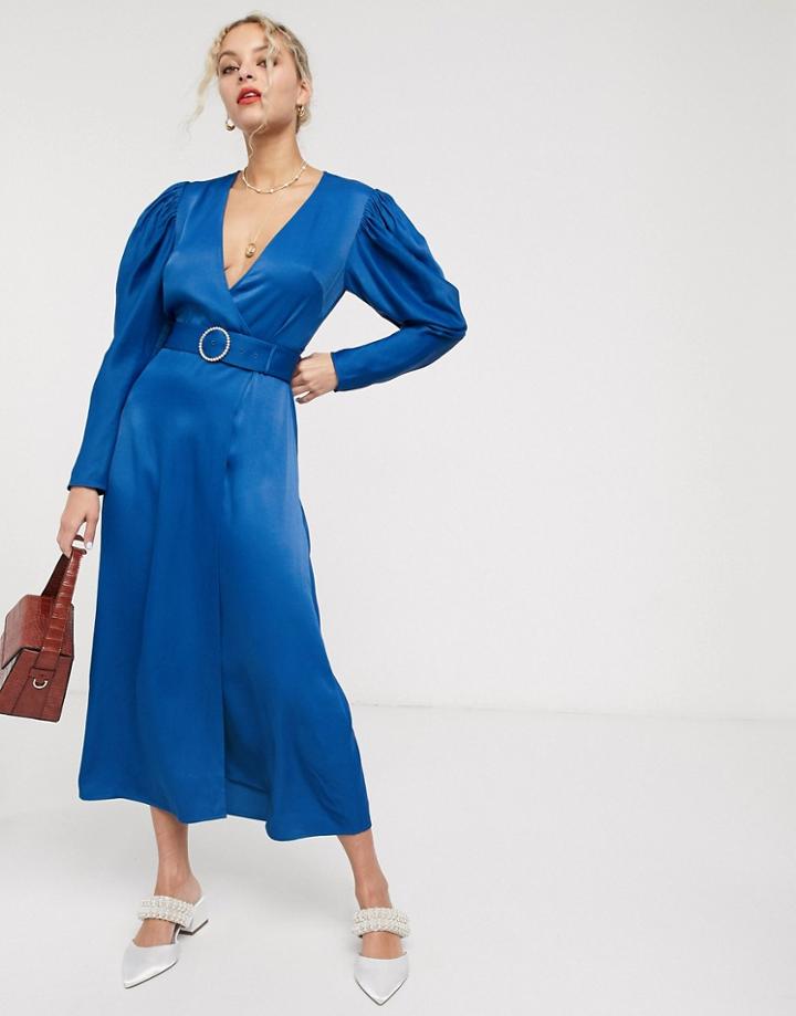 & Other Stories Rhinestone Buckle Puff Sleeve Midi Dress In Deep Blue-blues