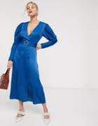 & Other Stories Rhinestone Buckle Puff Sleeve Midi Dress In Deep Blue-blues