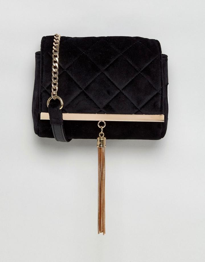 Lipsy Velvet Quilted Cross Body Bag With Gold Tassle - Black