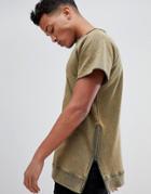 Brave Soul Jersey Washed Short Sleeve Sweat With Zide Zips - Green