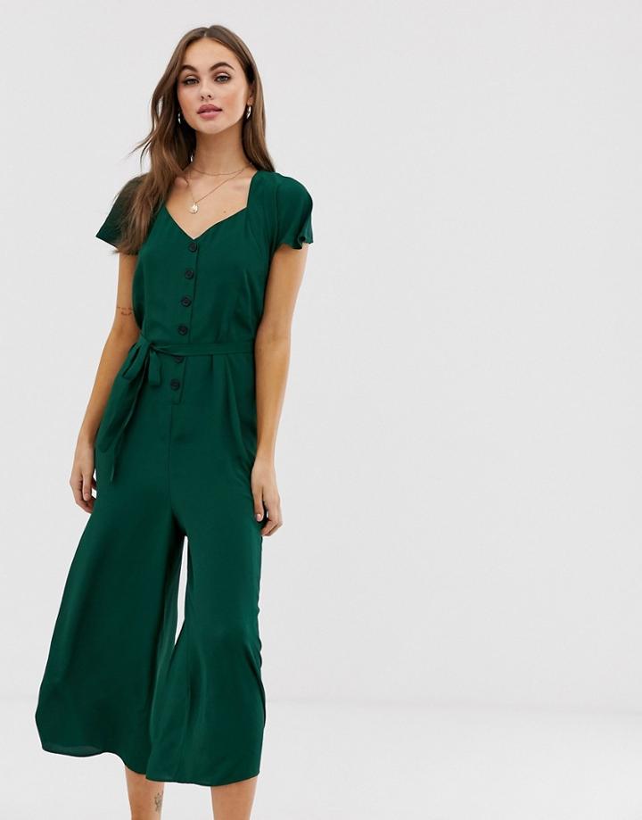 Asos Design Button Front Frill Sleeve Jumpsuit With Cut Out Back - Green