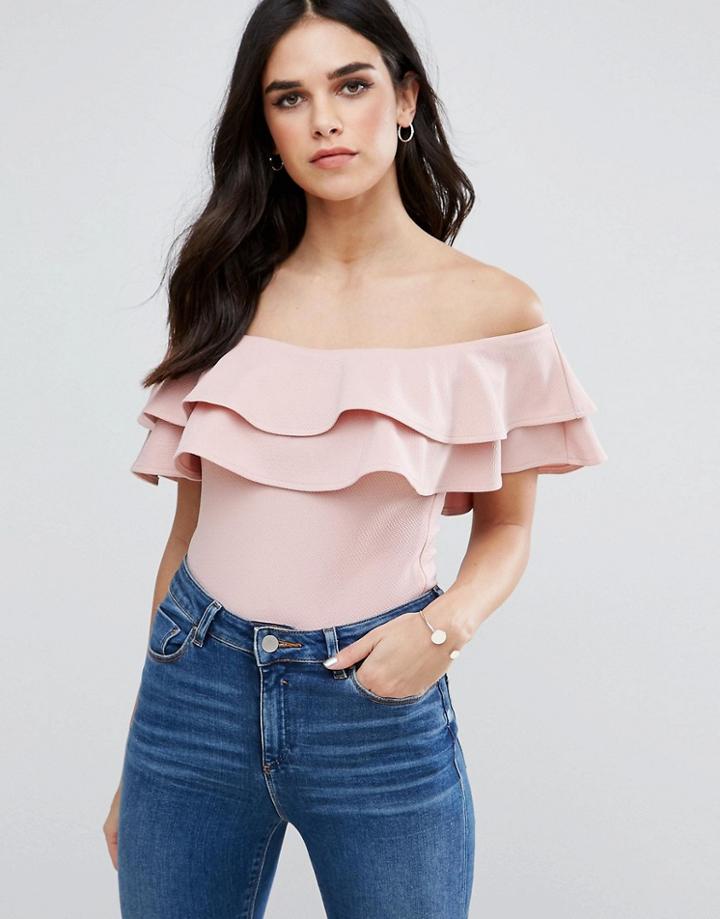 Ax Paris Bardot Frill Overlay Top - Pink