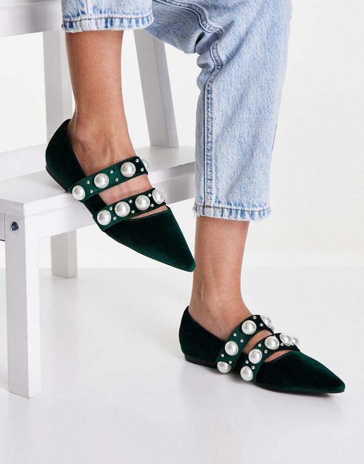 Asos Design Livia Faux Pearl Studded Ballets Flats In Green Velvet