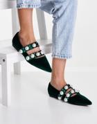 Asos Design Livia Faux Pearl Studded Ballets Flats In Green Velvet