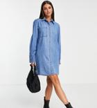 Asos Design Tall Denim Oversized Shirt Dress In Mid Wash Blue-blues