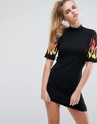 Asos Bodycon Dress In Flame Print - Black