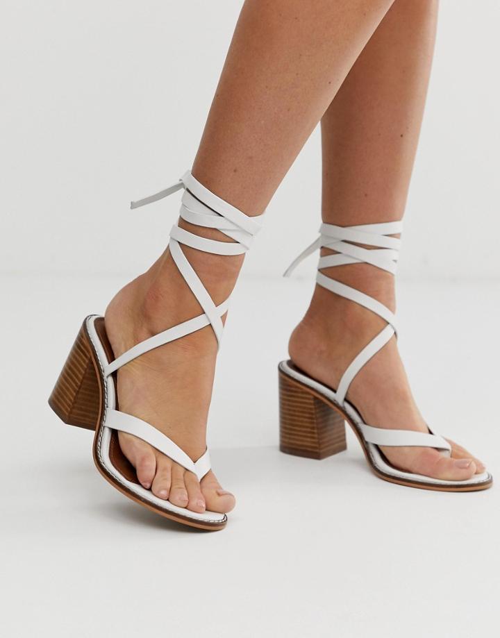 Asos Design Tropical Leather Tie Leg Sandals In White - White