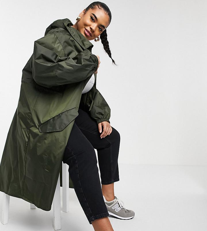Asos Design Curve Rain Parka In Khaki-green