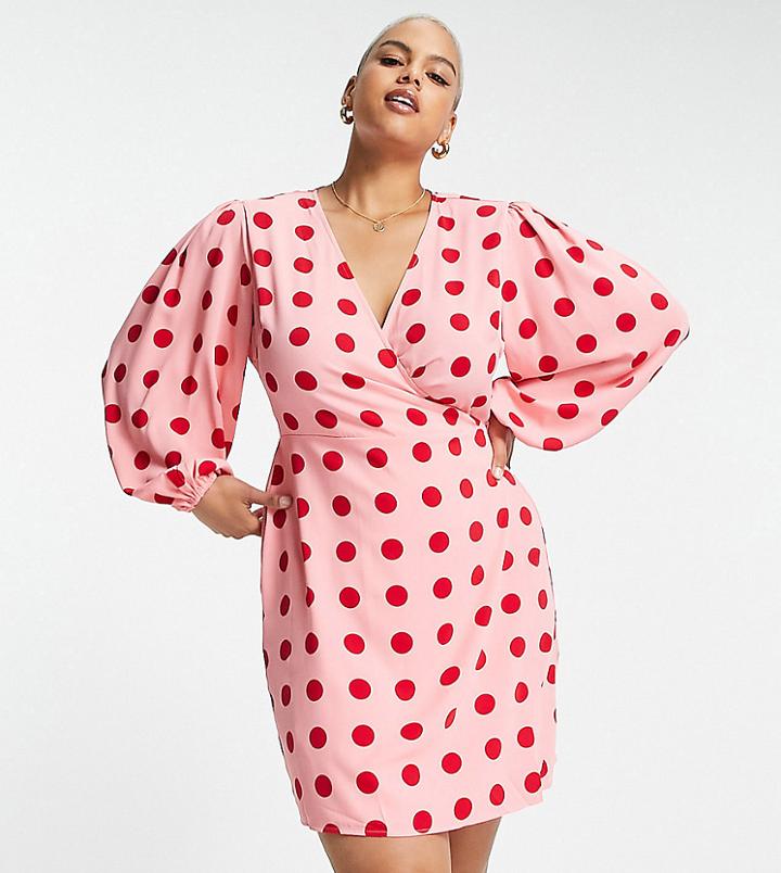 Glamorous Curve Mini Long Sleeve Wrap Dress In Pink Red Spot-multi