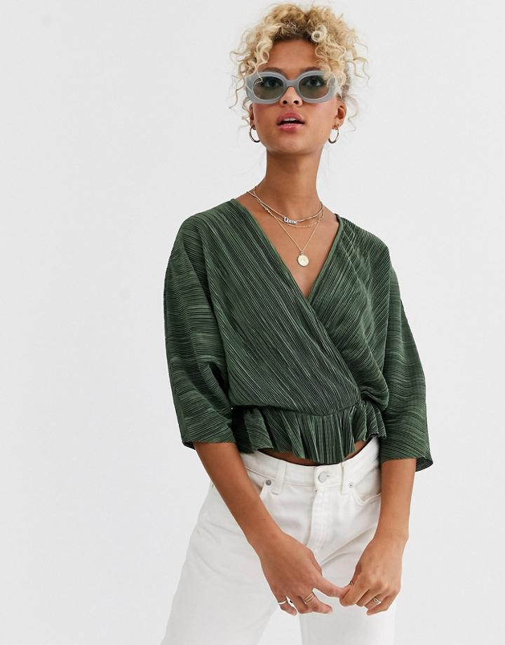 Asos Design Plisse Wrap Top With Tie Waist In Khaki-green