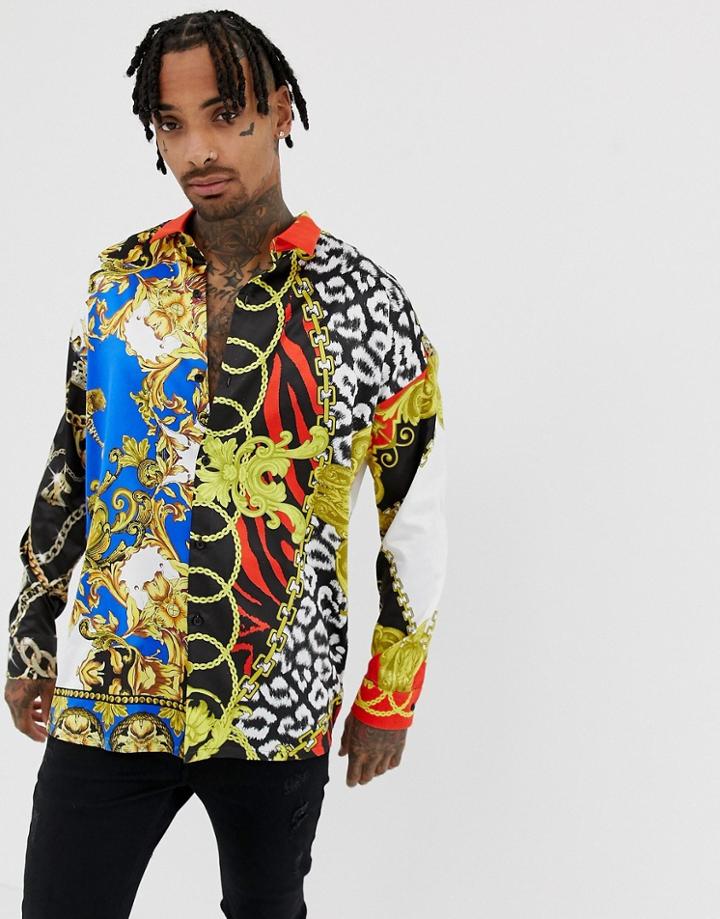 Jaded London Long Sleeve Shirt In Baroque Scarf Print In Satin - White
