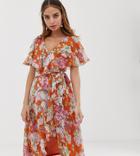 Asos Design Petite Midi Dress With Cape Back And Dipped Hem In Red Based Floral - Multi