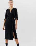 Asos Design V Neck Midi Pencil Dress With Button Waist-black