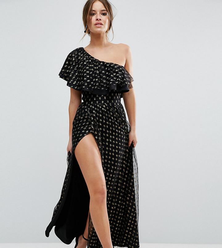 John Zack Petite One Shoulder Ruffle Maxi Dress In Lace Star Print - Black