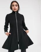 Asos Design Swing Coat With Zip Front Detail In Black - Black