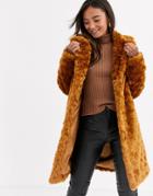 Asos Design Fluffy Button Through Coat In Chestnut-tan